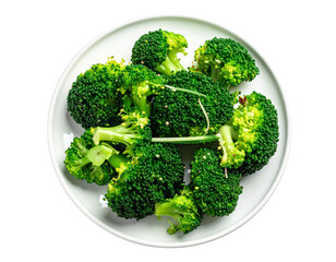 Fresh broccoli florets on plate isolated on transparent background PNG