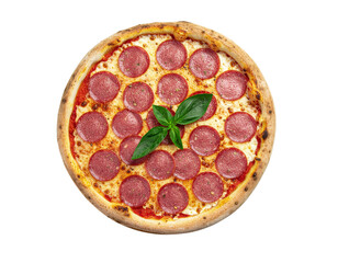 Whole salami pizza with basil leaves isolated on transparent background PNG