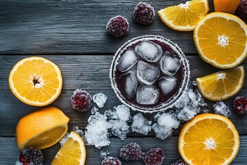 Citrus and Berry Infused Mocktail with Ice Crystals.