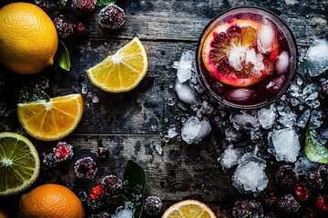 Citrus and Berry Infused Mocktail with Ice Crystals.