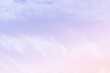 Pastel sky purple pink blue with white cloud. Fantasy background. Summer Spring backdrop. Beautiful colourful nature sky.