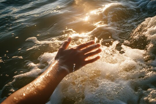 A hand reaches out to touch the sparkling water as sunlight glints on the waves.