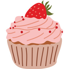 Hand drawn pink frosted cupcake with strawberry topping and sprinkles on transparent background delicious dessert isolated front view