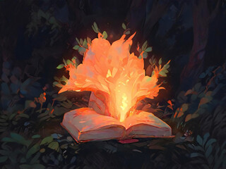 A glowing book tree deep in the forest