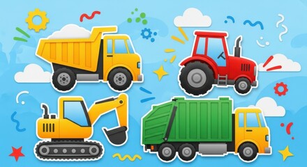 Fototapeta premium Set of cute cartoon construction and utility vehicles for children.