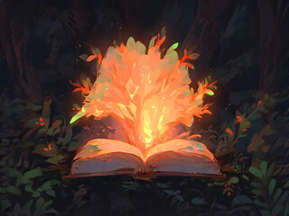 A glowing book tree deep in the forest