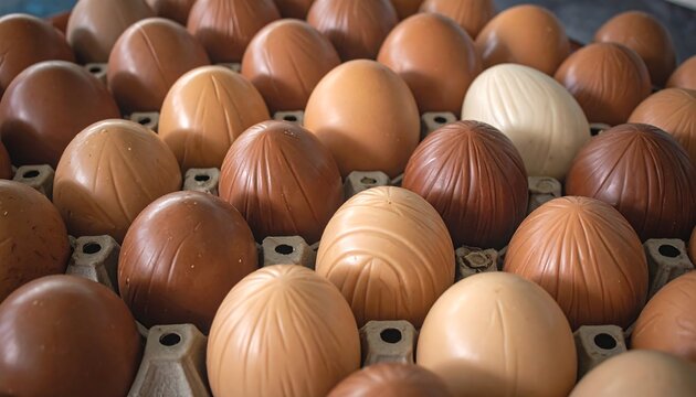 Many rows of brown eggs in a cardboard container, some with textured swirls, and one white egg, close up shot - Powered by Adobe