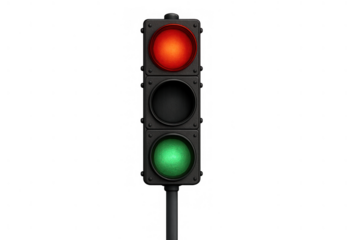 Traffic light with red and green signals illuminated, symbolizing stop and go actions or conflicting decisions on transparent background
