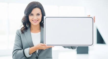 Smiling Businesswoman Holding a Blank White Board for Presentation.