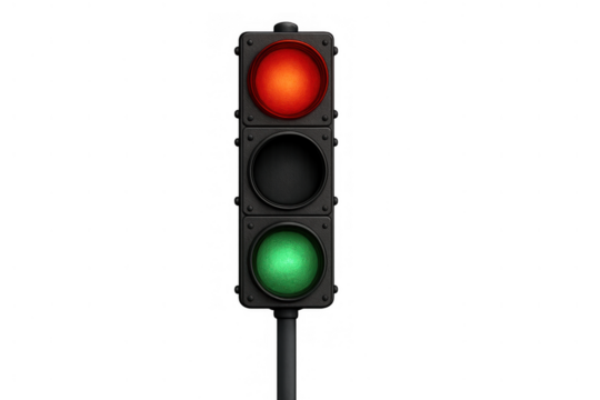 Traffic light with red and green signals illuminated, symbolizing stop and go actions or conflicting decisions on transparent background - Powered by Adobe