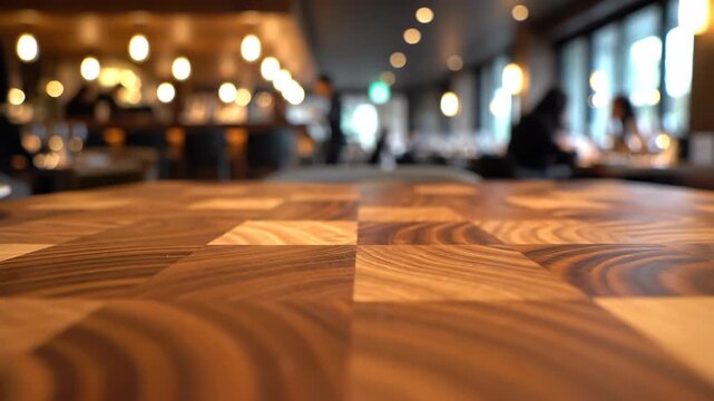 Close-Up of Butcher Block Tabletop in Modern Restaurant