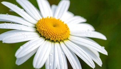 Obraz premium Macro shot of a white daisy flower with a yellow center, adorned with water droplets against a green background