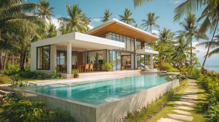 Fototapeta premium Bright and airy villa showcases large windows inviting pool and tropical landscaping in paradise.