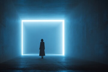 Fototapeta premium Woman standing beneath raining beams of light, symbolizing enlightenment, inspiration, and hope.