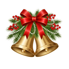 Golden Bells with Pine and Berries &ndash; Festive, Elegant Holiday Decoration in Red and Green

