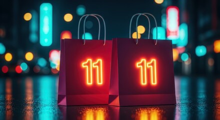 11.11 Shopping Day Sale concept with two shopping bags featuring neon number 11 against a bokeh city night background