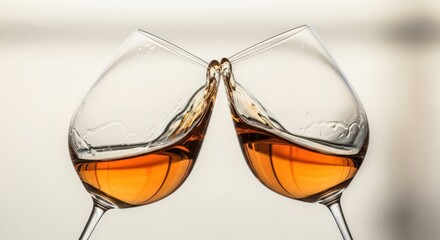 Clinking wine glasses with amber liquid toast