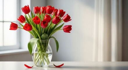 Red tulips bouquet in glass vase on table