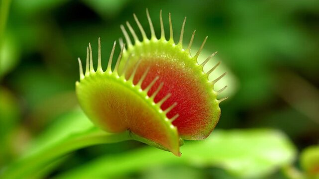 A close up view of an open Venus flytrap plant