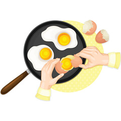 Hands cracking raw egg into frying pan with two sunny side up eggs cooking on a transparent background with a yellow polka dot circle