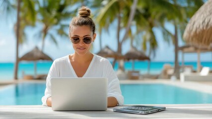 Woman Enjoys Sunny Day Working on Laptop by Tropical Pool with Sunglasses and Beach View