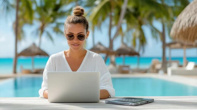 Woman Enjoys Sunny Day Working on Laptop by Tropical Pool with Sunglasses and Beach View - Powered by Adobe