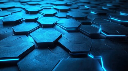 Abstract, hexagonal, dark blue, textured surface with glowing neon blue lines