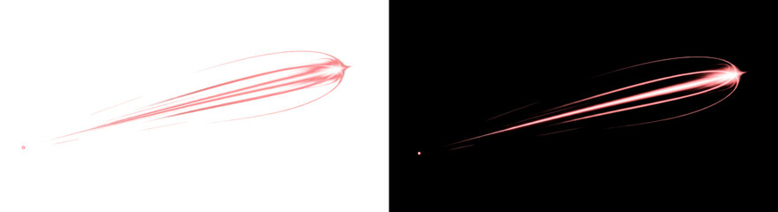 Fototapeta premium Two comet-like red light streaks with a glowing tip move diagonally across a black background, creating a dynamic and energetic visual effect.
