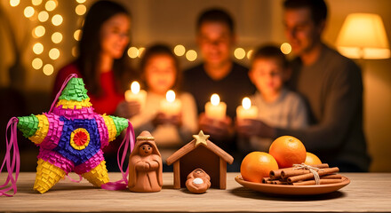 Family carrying candles while celebrating, with piñata and oranges  