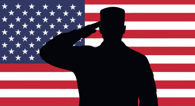 Proud American Soldier Silhouette with Flag,American, soldier, USA, United States, army, military, salute, patriotism, vector, illustration, silhouette, shadow, man, defense, national pride, hero, fla