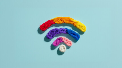 Crocheted Wi-Fi symbol in colorful yarn on pastel blue background, merging technology and handmade warmth with space for text.