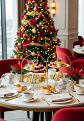 Fototapeta premium Luxury Christmas Afternoon Tea in Red and Gold Palette, Elegant Festive Table with Tiered Pastries and Tea Service, Professional Bright Food Photography for Restaurant Advertising, Hotel Menus