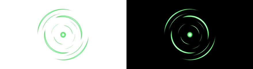 Two green, glowing circular patterns with rotating spiral designs on a black background.