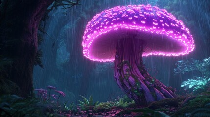 Giant glowing mushroom in a mystical rainforest at night.  Rain falls