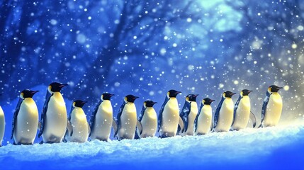 A line of penguins in the snow, snowfall