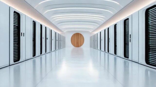 Futuristic data center architecture featuring modern interior design, technology, and organized
