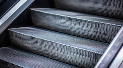 Close-up view of metal steps on a moving staircase