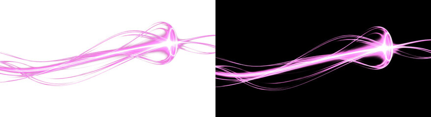 Two vivid pink and purple light streaks with swirling patterns, set against a black backdrop, creating an illusion of dynamic motion.