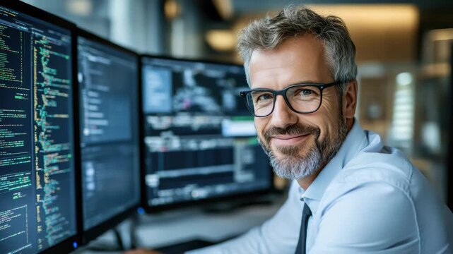 Professional male engaged programming computer with multiple screens showcasing business technology