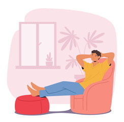Relaxed young man cartoon character peacefully resting on armchair enjoying home comfort scene