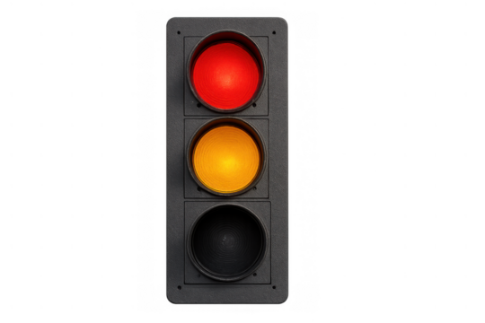Traffic light with red and yellow illuminating, indicating stop and caution on transparent background