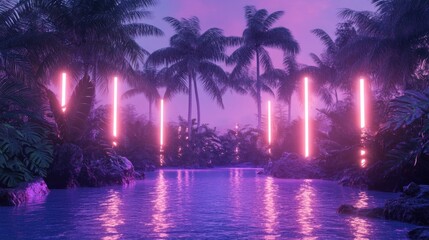 Neon-lit tropical river at twilight. Lush greenery and palm trees surround a calm river, illuminated by vibrant pink neon lights