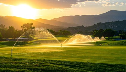 Lush green golf course with sprinklers spraying water under a golden sunset and mountainous backdrop