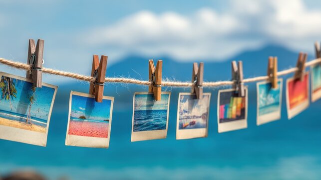 Bright photographs of beach scenes hang on a line capturing joyful summer moments by the sea.