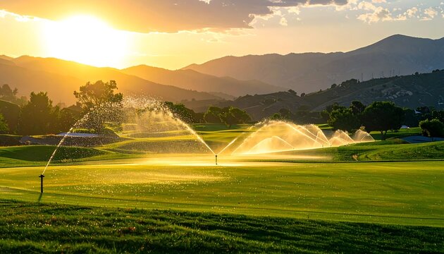 Lush green golf course with sprinklers spraying water under a golden sunset and mountainous backdrop