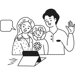 Happy Family Posing Together for a Video Call on a Transparent Background with a Digital Tablet Showing a Flower Design
