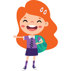 Happy ginger haired girl wearing school uniform with backpack waving hello cheerful and excited for school with a smile on her face on a transparent background