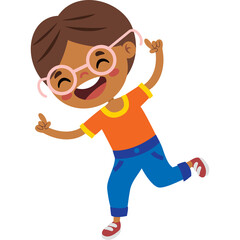 Fototapeta premium Happy Boy With Glasses Dancing Joyfully Wearing Orange Shirt Blue Jeans And Sneakers Isolated On White Background
