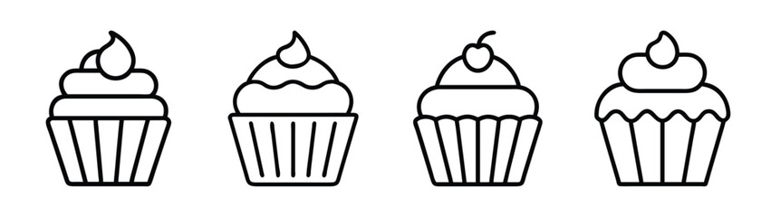 Outline cupcakes vector drawing: dessert, bakery, sweet treats, frosting, cherry, line art designs