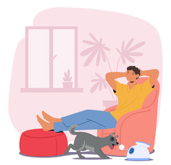 Relaxed man pet owner enjoying free time while dog playing with smart ball thrower toy scene